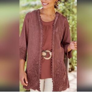 Soft Surroundings Brown Embroidered Top